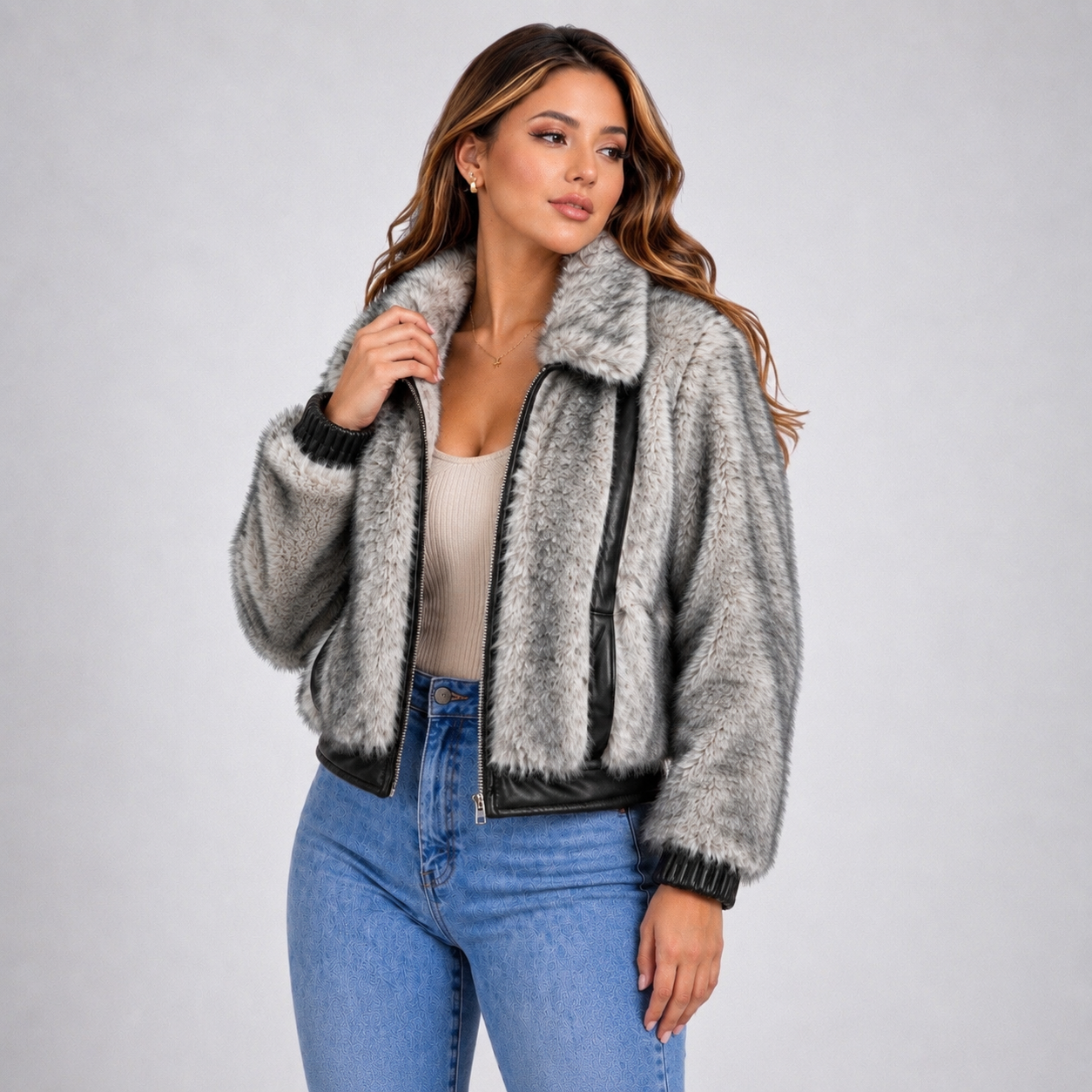 Chaqueta Efecto Pelo Gris